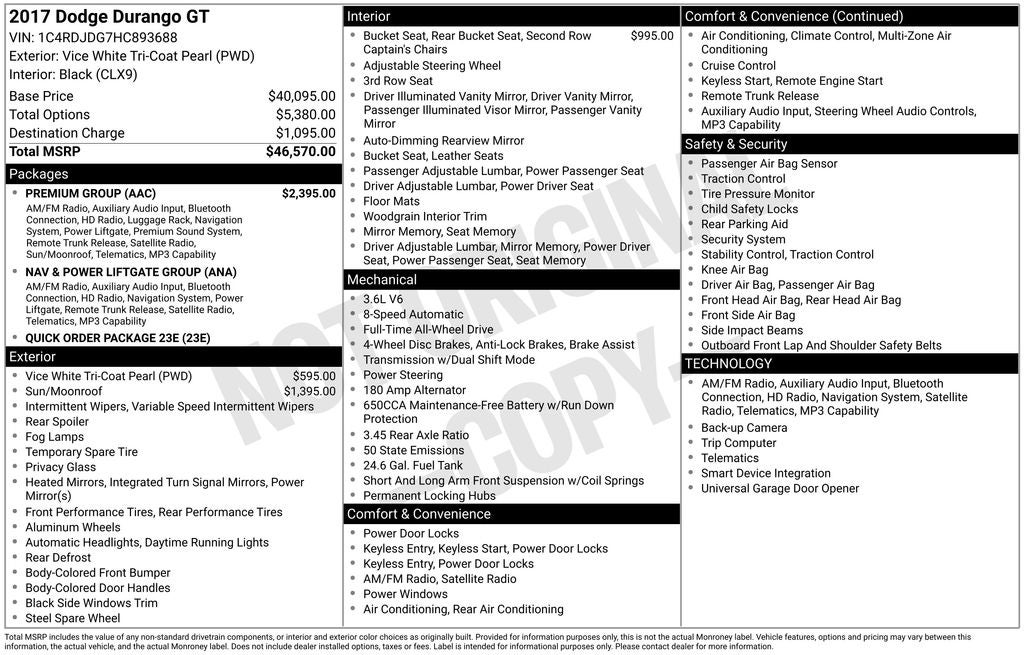 Used 2017 Dodge Durango GT with VIN 1C4RDJDG7HC893688 for sale in Woodville, OH