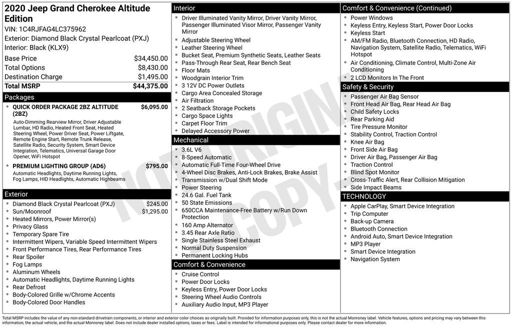 Used 2020 Jeep Grand Cherokee Altitude with VIN 1C4RJFAG4LC375962 for sale in Woodville, OH