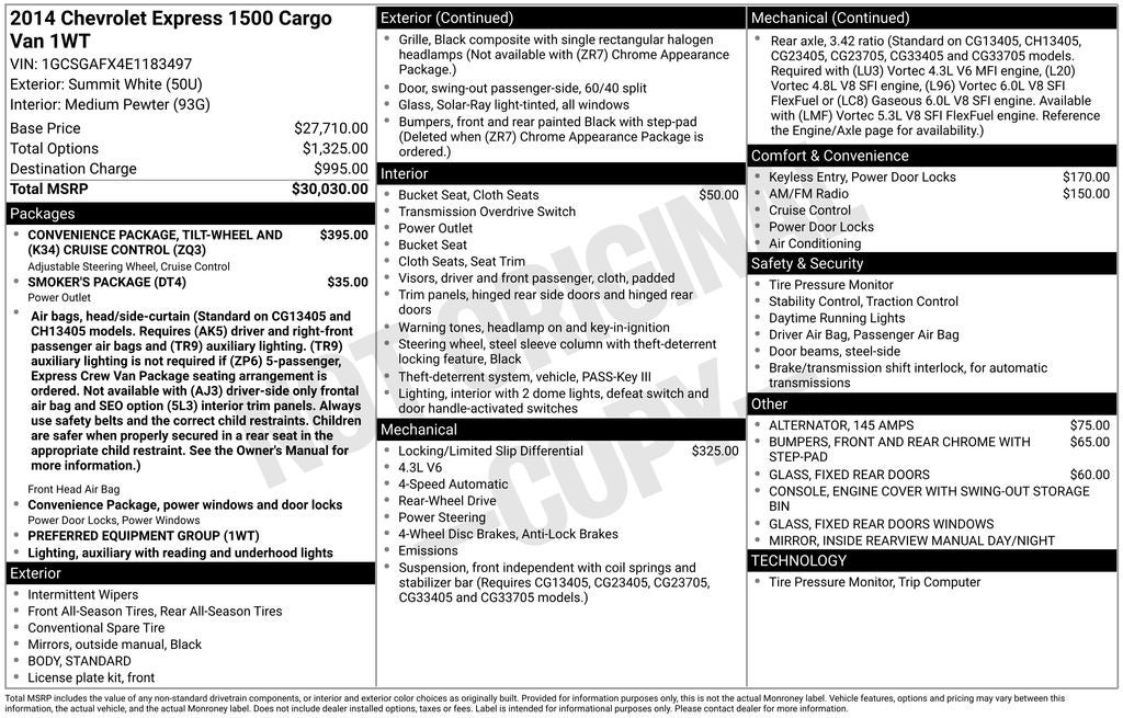 2014 Chevrolet Express 1500 Work Van Cargo