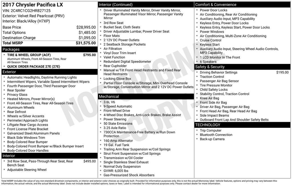 Used 2017 Chrysler Pacifica LX with VIN 2C4RC1CG2HR827125 for sale in Woodville, OH